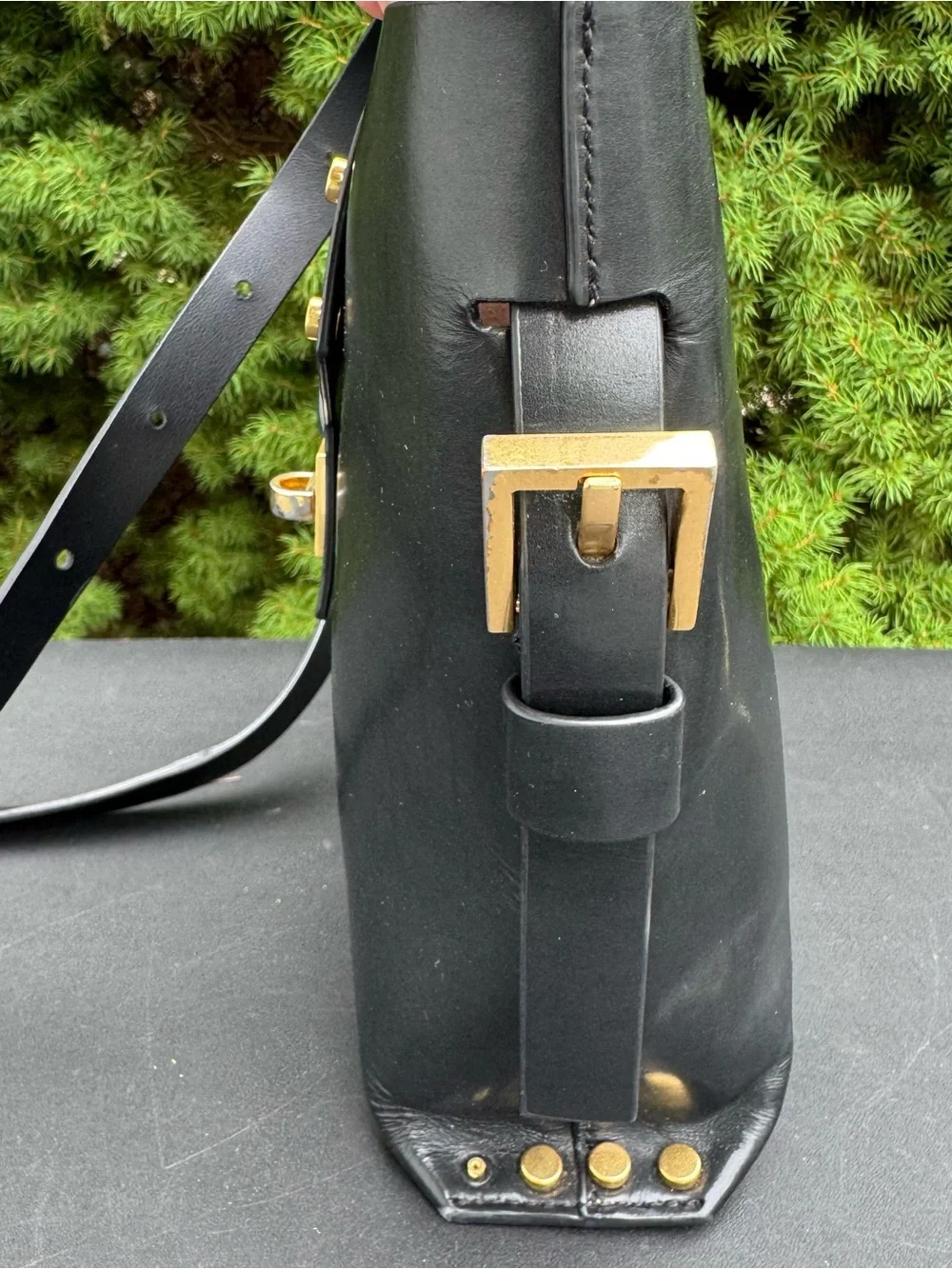 All Saints Black Leather Bucket Shoulder Bag with Gold Hardware